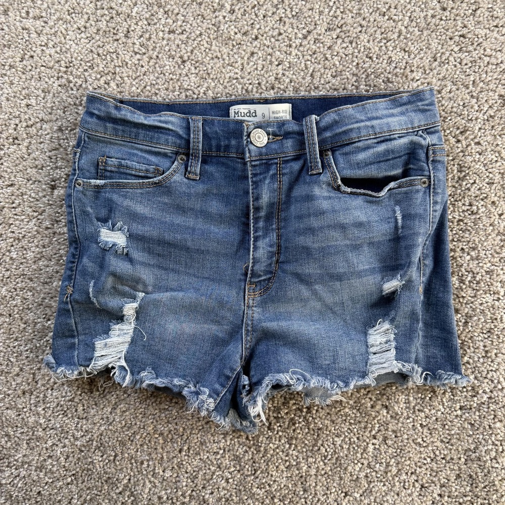 Mudd Denim Shorts Womens 9 28W Blue High Rise Shortie Distressed Cutoff